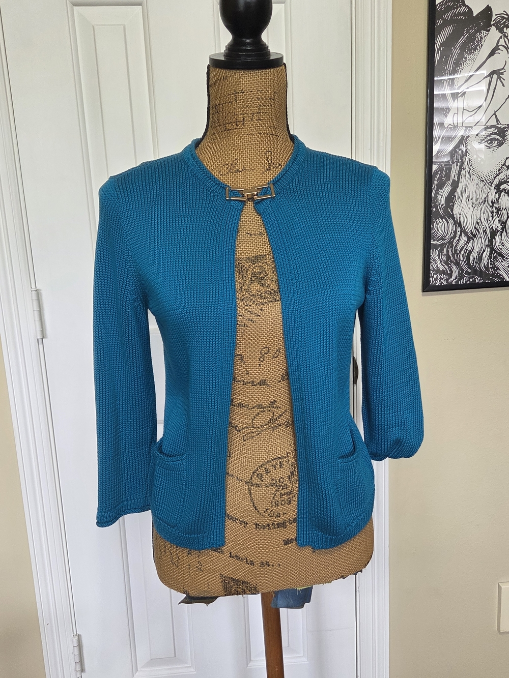 Teal Knit Open Cardigan with Gold Clip